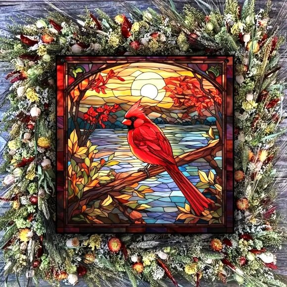 Cardinal Suncatcher Red Bird Square Metal Hanging Chain Indoor Outdoor Heaven - Picture 2 of 2